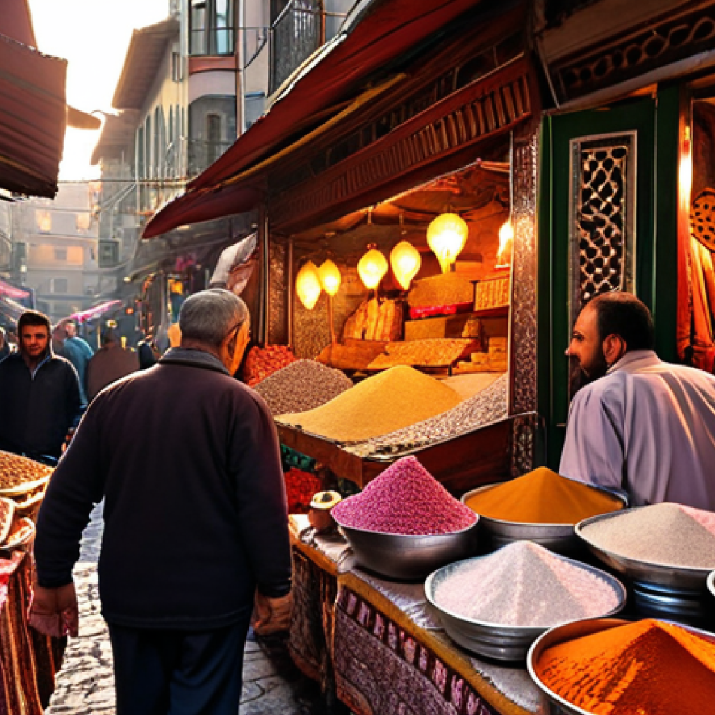 ** A bustling Istanbul bazaar at sunset, overflowing with colorful textiles, spices, and Turkish delights. Warm, golden light streams through the scene, highlighting the intricate details of the vendor stalls and the friendly faces of the merchants.

**