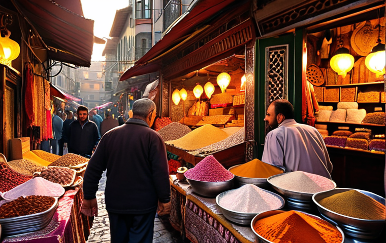 ** A bustling Istanbul bazaar at sunset, overflowing with colorful textiles, spices, and Turkish delights. Warm, golden light streams through the scene, highlighting the intricate details of the vendor stalls and the friendly faces of the merchants.

**